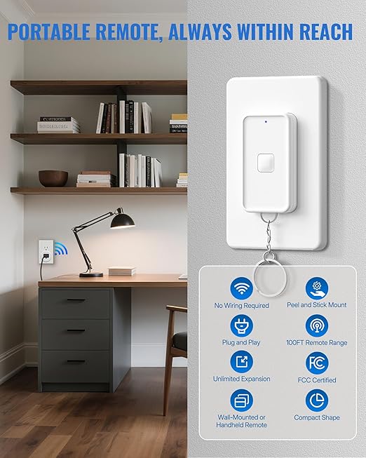 Remote Control Outlet, WILAWELS Remote Outlet Switch with Magnetic Base, Wireless On Off Power Switch for Lights, Lamps, Fan, Home Appliance, 100ft RF Range, 10A/1250W, Pre-Programmed W14RC1106