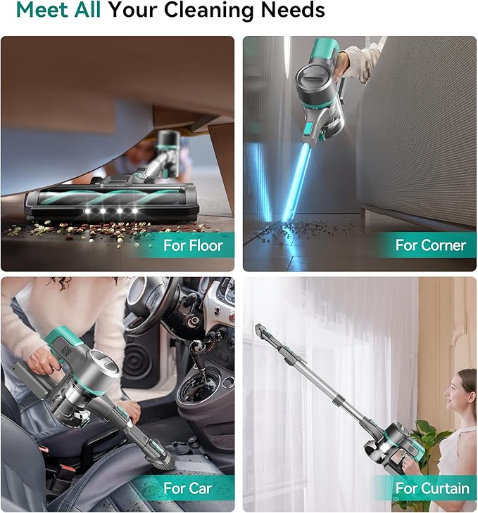 Yassol S10K Cordless Vacuum Cleaner, 55Kpa 60mins Lightweight Stick Vacuum with Powerful Suction for Home, Rechargeable, Self-Standing, Handheld Vacuum Cleaners for Hardwood Floors, Carpets, Pet Hair