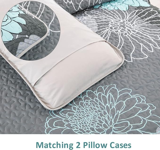 Yiran Grey Aqua Floral Quilt Set King Size, 3 Pieces Botanical Quilt Set | - Image 6
