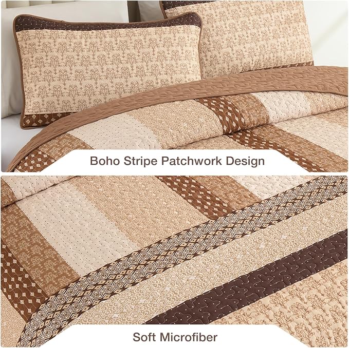 WONGS BEDDING Brown Stripe Quilt King Size, Boho Bedspread Sets | 3 Pieces - Image 5