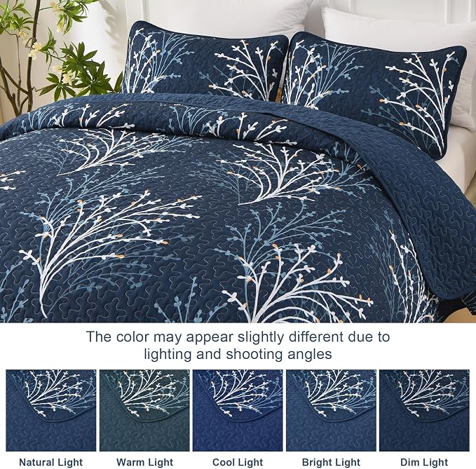 DJY Navy Quilt Set Queen Size Branch Botanical Bedspread Coverlet Set | 3 - Image 8