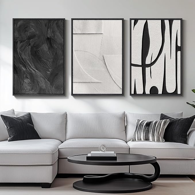 Large 3D Textured Framed Black and White Abstract Wall Art - Image 3