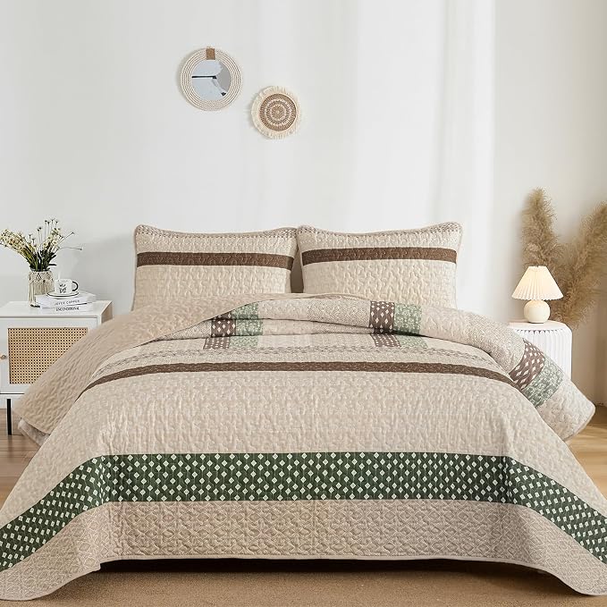 WONGS BEDDING Khaki Quilt Queen Size, Soft Stripe Bedspreads | Reversible - Image 2