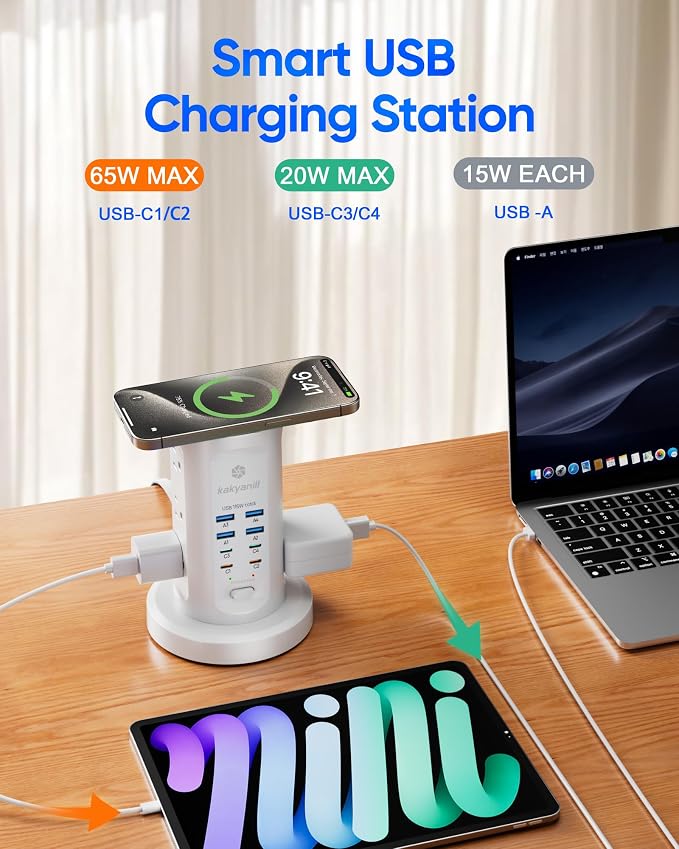 Power Strip Tower, kakyanill PD 65W Charging Station 9 AC Outlets 8 USB | 6 Ft - Image 5