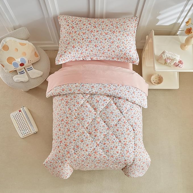 DuShow Toddler Bedding Set for Girls,4 Pieces Floral Toddler Girl Comforter Set,Super Soft Reversible Toddler Sheet Set,Lightweight Crib Bed Set -Pink