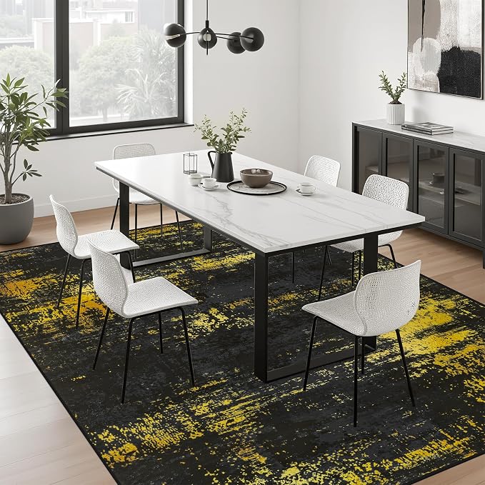 6x9 Area Rug Living Room: Modern Washable Soft Carpet Black Gold | - Image 5