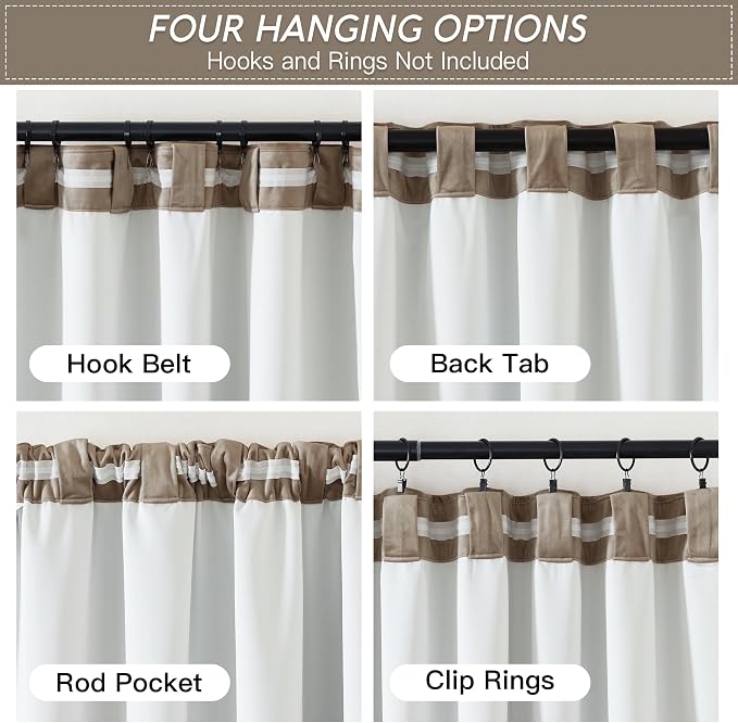 RYB HOME Camel Beige Velvet Curtains 96 inch, Heavy Duty 2-Layer Window Curtains - Image 2