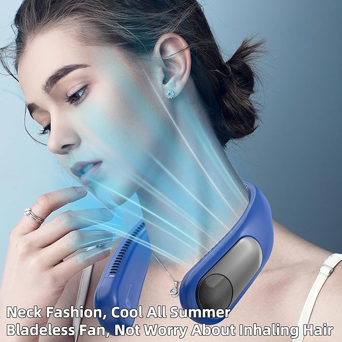Portable Neck Fan,Personal Wearable Bladeless Fan,LED Display,4-Speeds,6000mAh USB Rechargeable,360° Strong Cooling Wind,Hands Free,White Elephant Gift,Christmas Gifts for Men Women Dad Mom (Navy)