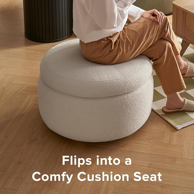 mopio Luna Round Ottoman with Storage and Tray, Round Coffee Table with Storage - Image 3