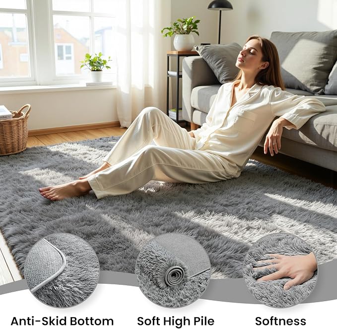 4x6 Fluffy Area Rug for Living Room: Non-Slip Light Grey Bedroom Carpet | Ultra - Image 5