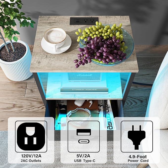 TUTOTAK Nightstands Set of 2, LED End Table - Image 4