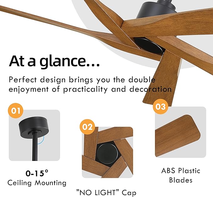 WINGBO 54" ABS DC Ceiling Fan No Light, 5 Blade Wood Grain ABS Ceiling Fan with Remote, 6-Speed Reversible DC Motor, Ceiling Fans without Light for Kitchen Bedroom Living Room, Matte Black and Walnut