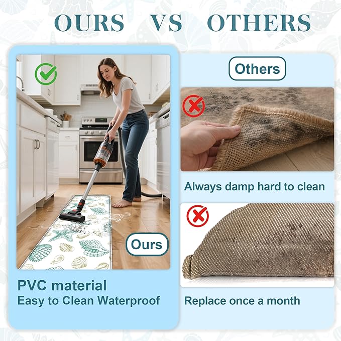 Kitchen Mats for Floor Cushioned Anti Fatigue Sets of 2 Beach Theme Kitchen Rugs Non Slip Waterproof Coastal Foam Kitchen Floor Rug Nautical Seashell Comfort Standing Mat For Sink Laundry, Green