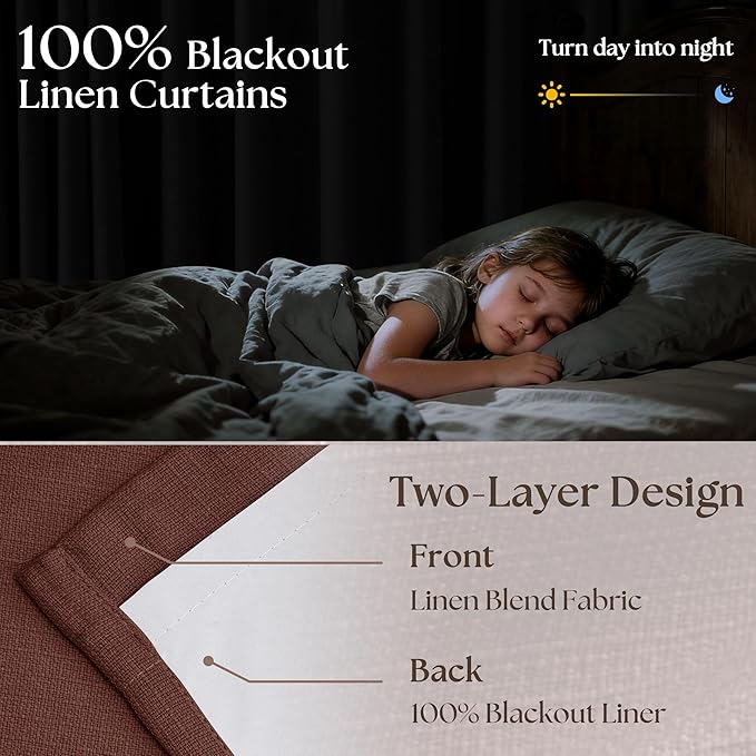 Chestnut Brown 96 Inch Blackout Pinch Pleated Curtains 2 Panel Set for Living Room Darkening Thick Linen Textured 100% Black Out Drapes 96 Inches Long Pinch Pleat Light Blocking Bedroom Rust Maroon