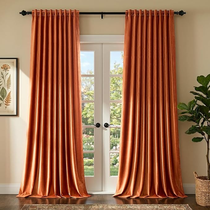 Elegant Orange Velvet Curtains 90 inch Length by PRIMROSE