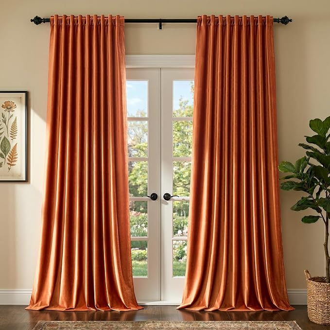 Luxury Orange Velvet Curtains 108 inch Length by PRIMROSE