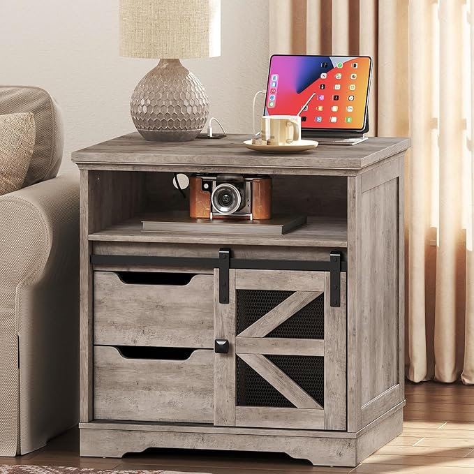 Farmhouse End Table with Charging Station, Sofa Side Table with 2 Drawers and - Image 8