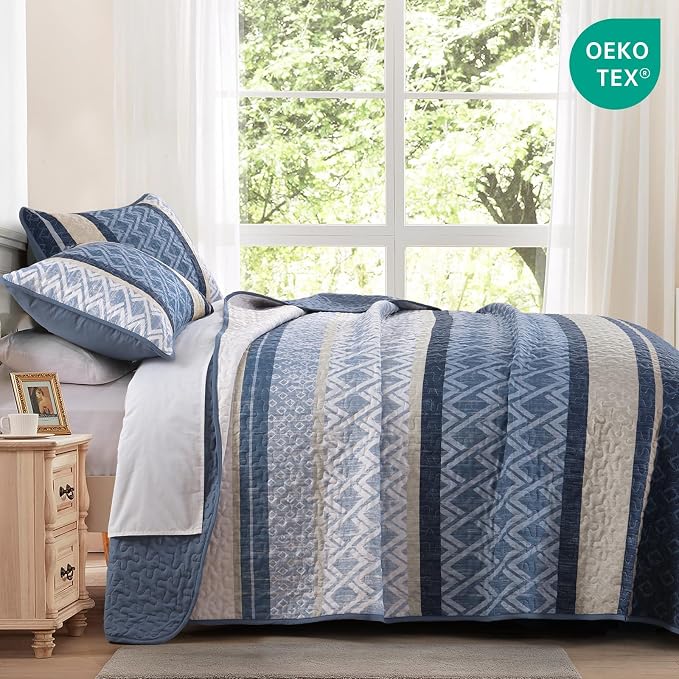 Dinjoy King Size Quilt Set Boho, Soft Striped Bedspreads, 3 Pieces Lightweight - Image 2