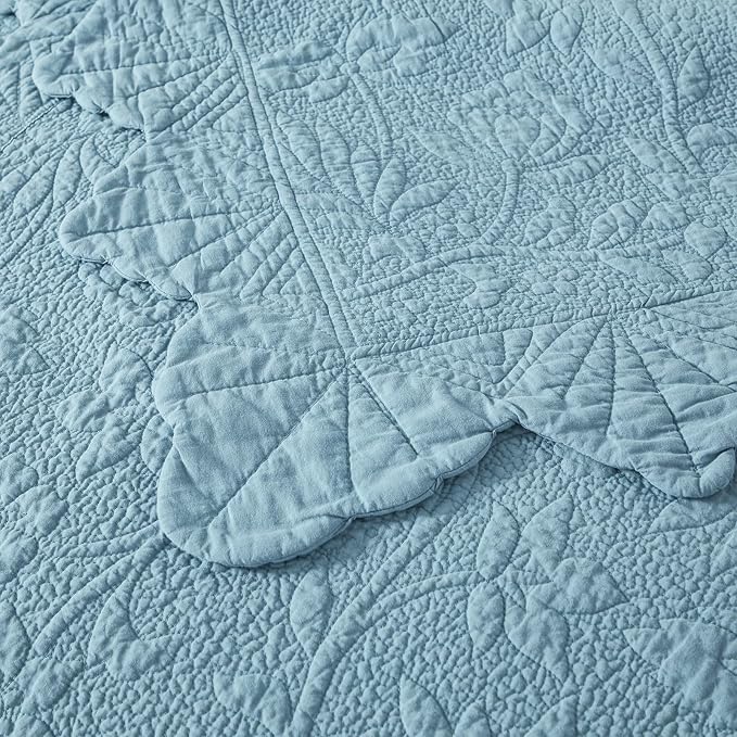 Brandream Luxury 100% Cotton Quilt Set Queen Size Blue Floral Vine Matelasse - Image 7
