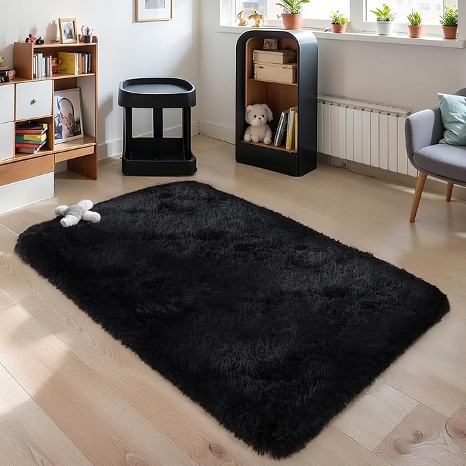 3x5 Thick Black Fluffy Shag Rug by KICHOWUA