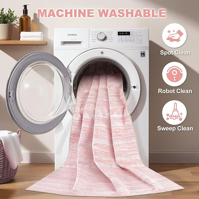 Nakagishi Boho 6x9 Area Rug Living Room Rugs Machine Washable Pink | Soft - Image 3
