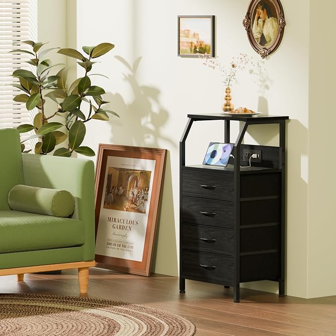 Tall Night Stand with Charging Station, 4 Drawers Bedside Table | Small Black - Image 4