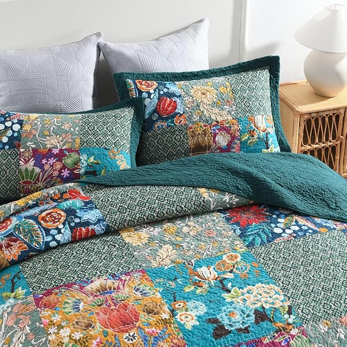 Autumn Dream Cotton Bedspread Luxury Vintage Turquoise Patchwork Bedding Quilt - Image 4