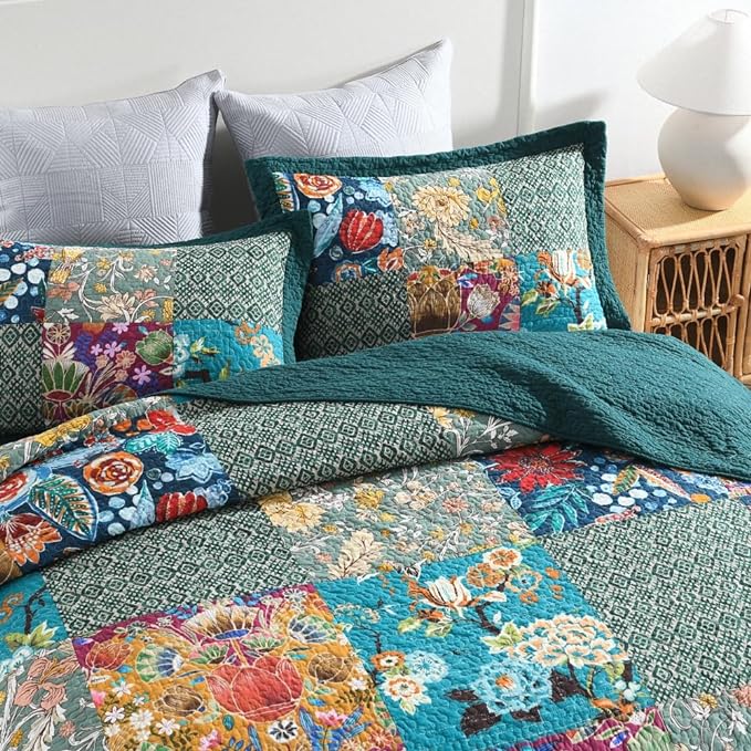 Autumn Dream Cotton Bedspread Luxury Vintage Turquoise Patchwork Quilt Bedding - Image 3