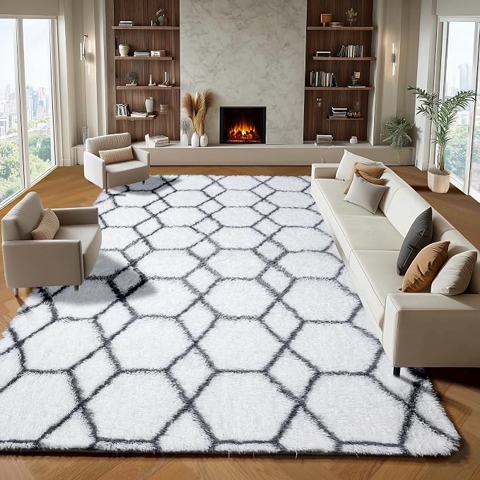 7x9 Area Rugs for Living Room Bedroom, Large Fluffy White and Grey Throw Rug - Image 5