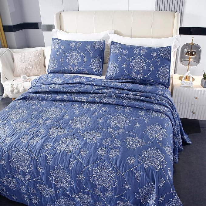 ROOMLIFE Quilt Set Full Size 3D Floral Embroidery Pattern 3-Piece Cotton - Image 2