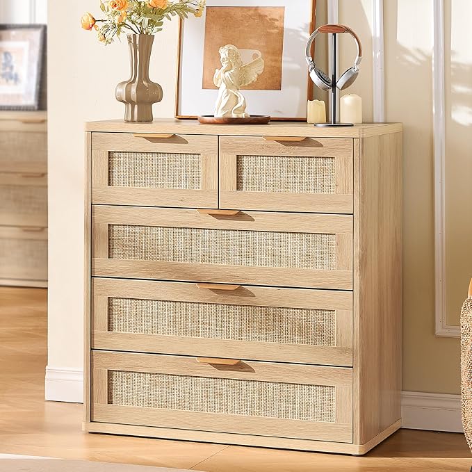LEYAOYAO Rattan Dresser for Bedroom, 33.5" Small Chest of Drawers | Gold Metal - Image 6