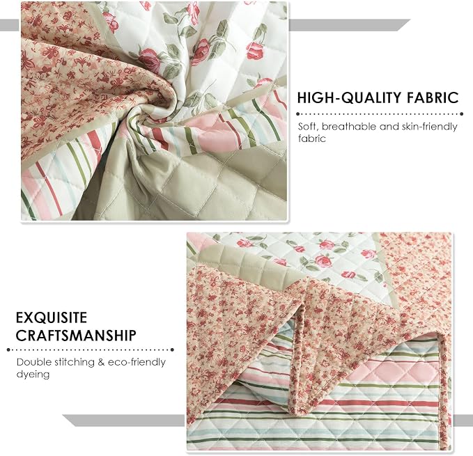 3-Piece Quilt Set Quilted Bedspread Lightweight Coverlet Set Patchwork Floral - Image 4
