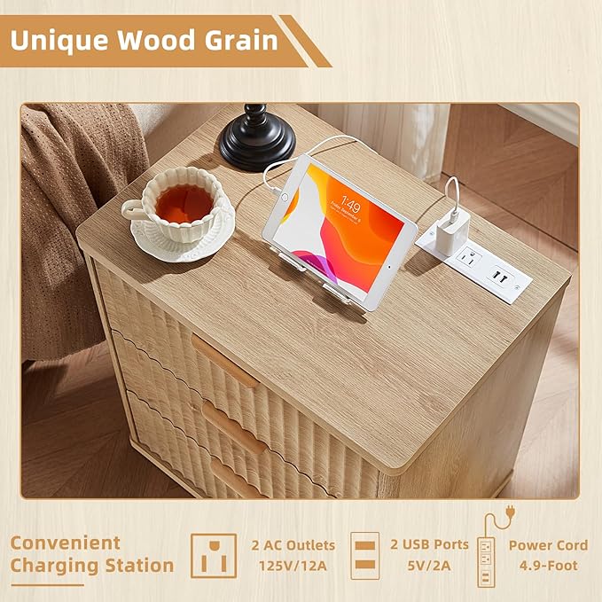 LEYAOYAO Fluted Dresser and 3 Drawers Nightstand Set of 2, Wood 48" Wide Dresser & 23" Night Stand with Charging Station, 3 Piece Bedroom Furniture Set, Chest of Drawers for Home,Living Room,Wood
