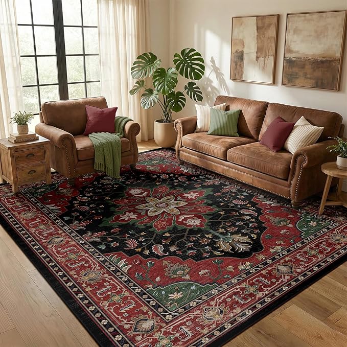 RELEANY Washable Area Rug, Water Repellent, Pet Friendly, Vintage Floral Boho by RELEANY