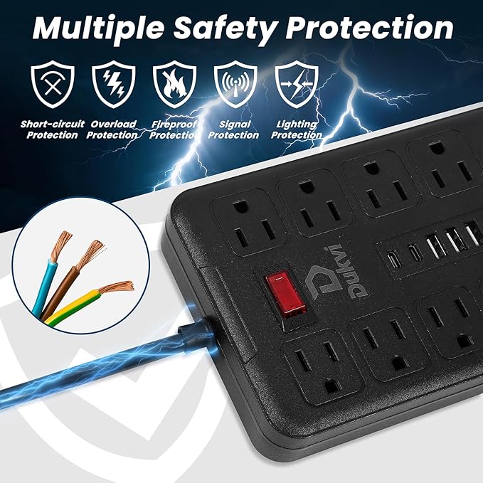 DUKVI Surge Protector Power Strip with 10 Widely-Spaced Outlets & 6 USB(2USB C) Ports, 6ft Flat Plug Extension Cord Wall Mountable, Desktop Charging Stations for Smartphone Tablet Laptop