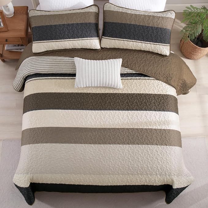 Dinjoy King Boho Striped Quilt Set, Balck White Lightweight Bedspread | Soft - Image 3