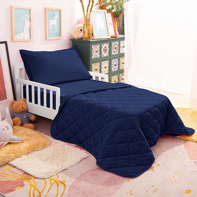 NTBAY Toddler Bedding Set - 4 Piece Soft and Breathable Crib Bedding Set for Boys and Girls, Includes Quilted Comforter, Fitted Sheet, Flat Top Sheet and Envelope Pillowcase, Navy Blue
