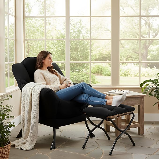 Welnow Lazy Chair with Ottoman, Reading Chair with Footrest, Foldable Footrest - Image 2