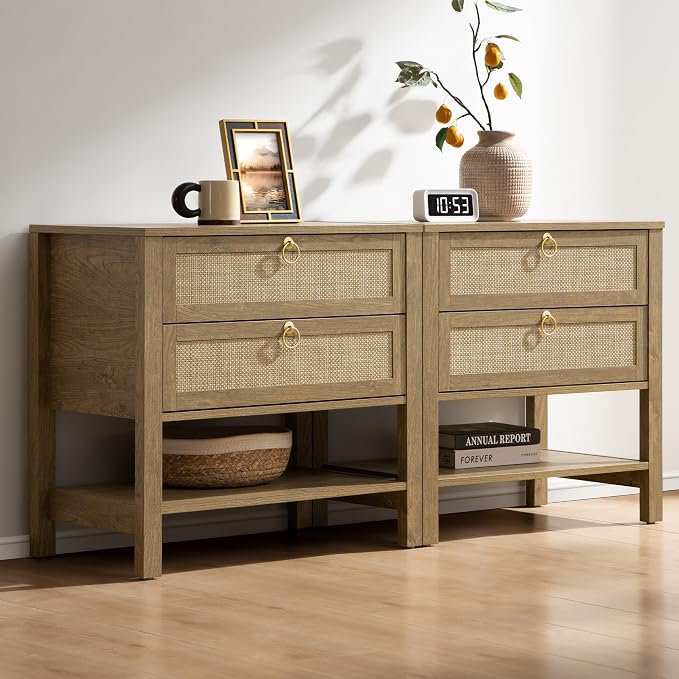 SICOTAS Rattan Nightstand Set of 2, Wide Boho Bedside Table by SICOTAS