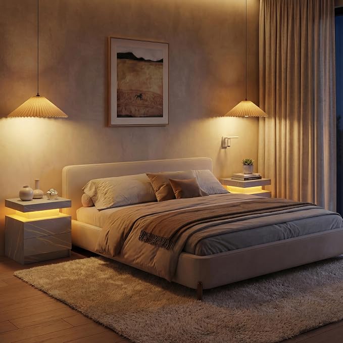 LED Nightstand with Wood 2 Drawers Modern Bedside Table - Image 7