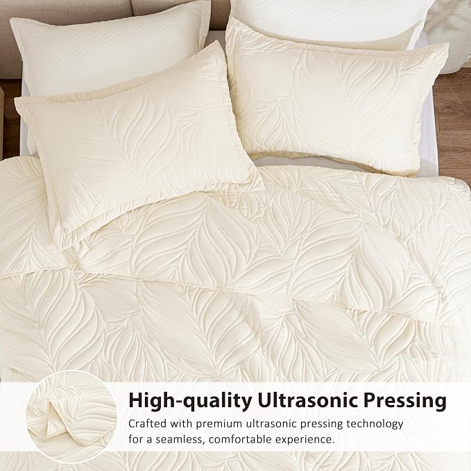 EXQ Home Queen Quilt Set Leaf Pattern Beige Bedspread | Bedding Set - Image 4