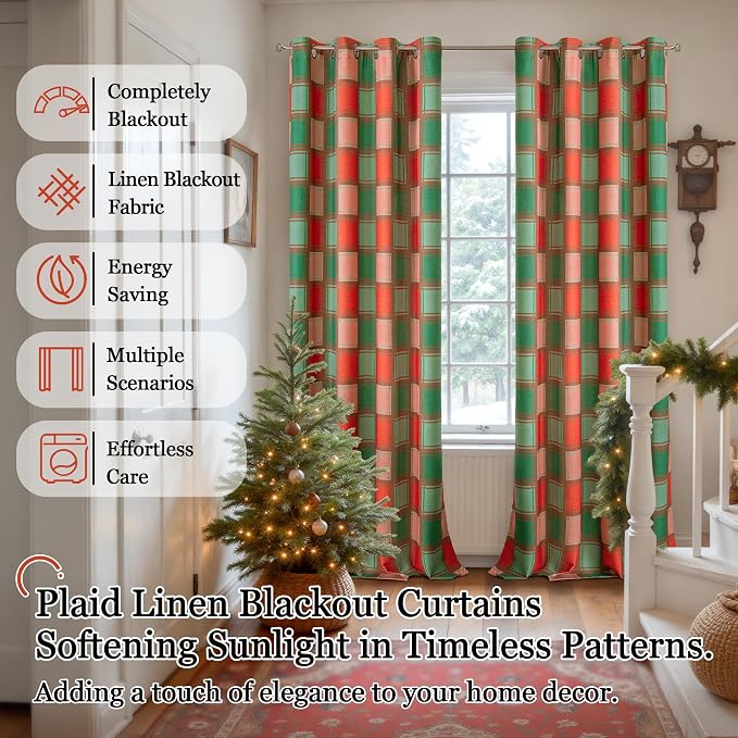 Red Green Plaid Blackout Curtains 96 Inch Long, 52 Wide 2 Panels | Linen - Image 6