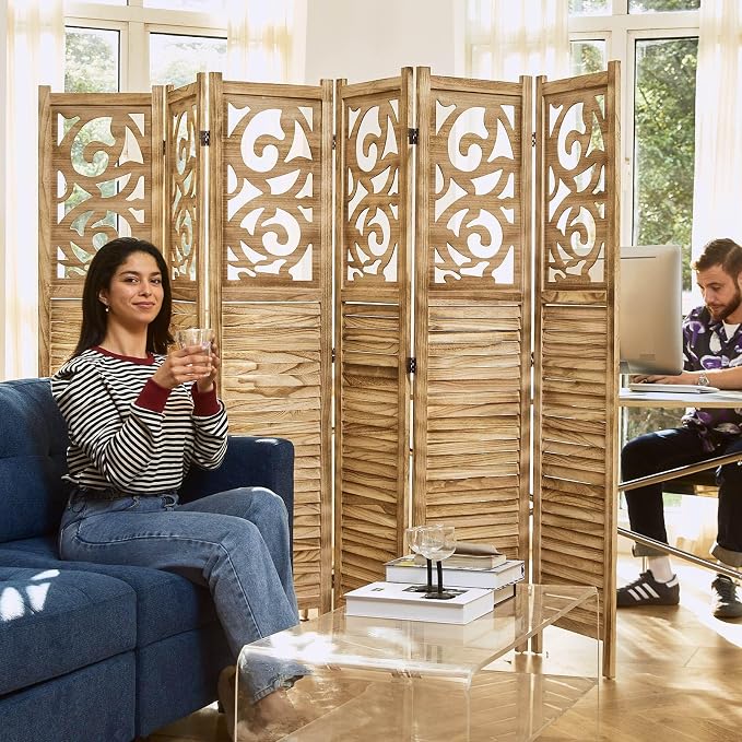 Svimi Folding Room Divider, 5.6Ft 6 Panels Wood Carved Privacy Screens - Image 9