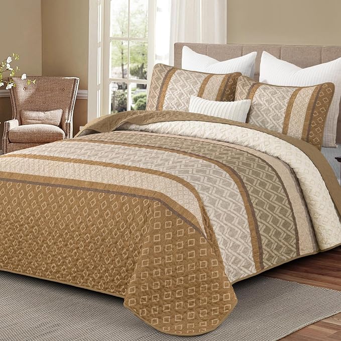 Dinjoy Boho Queen Quilt Set, Striped Bedspread Queen Size, Light Brown Bedding by DINJOY