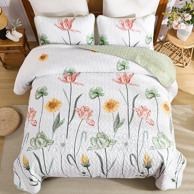 WONGS BEDDING King Size Floral Quilt Set, Sage Green Bedding | Sage Green - Image 4