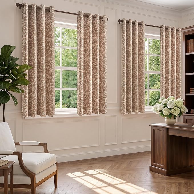 jinchan Taupe Floral Blackout Curtians 63 Inch Vintage Grommet 2 Panels | Room - Image 7