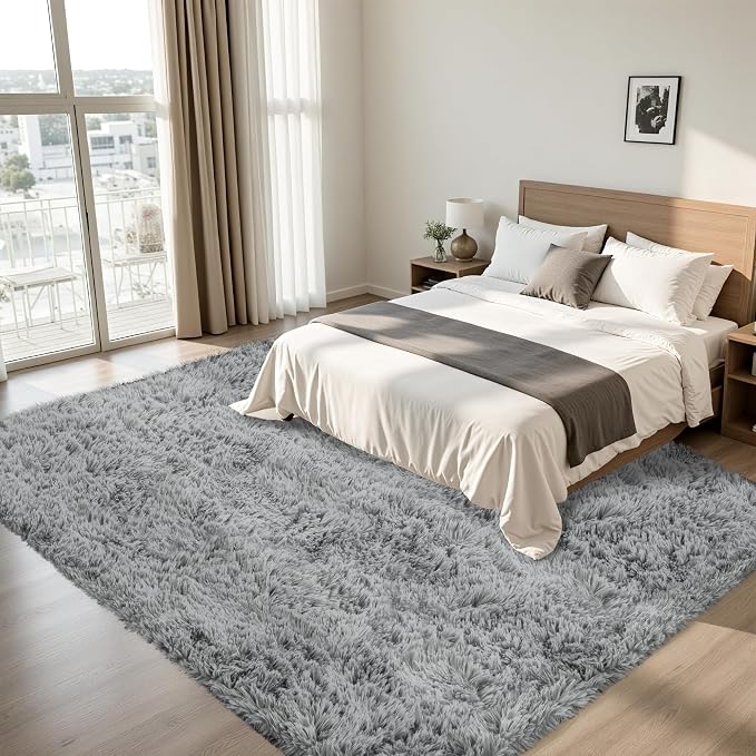 6x9 Area Rug for Living Room, Light Gray Fluffy Shag Non-Slip Bedroom Rugs | - Image 3