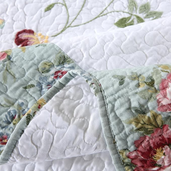 ROOMLIFE 100% Cotton Quilt Set King Elegant Floral Embroidery 3-Piece | - Image 9