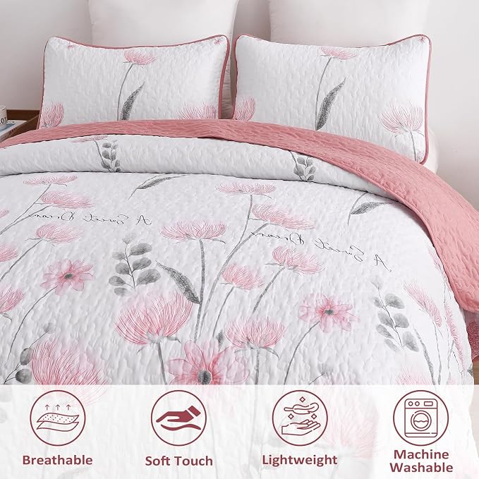 Dinjoy Quilt Set King, 3 Pieces Pink Boho Floral Bedspreads, Fall Bedding | - Image 4