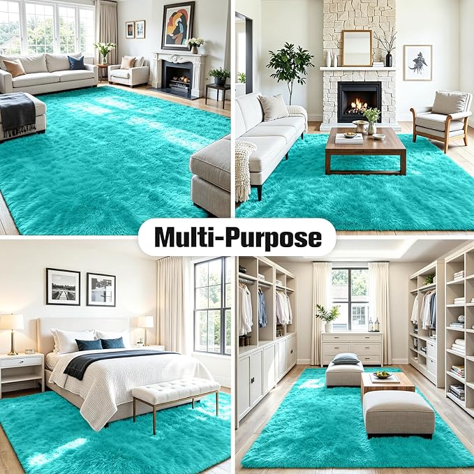 8x10 Fluffy Area Rug for Living Room: Non-Slip Turquoise Bedroom Carpet | Ultra - Image 9